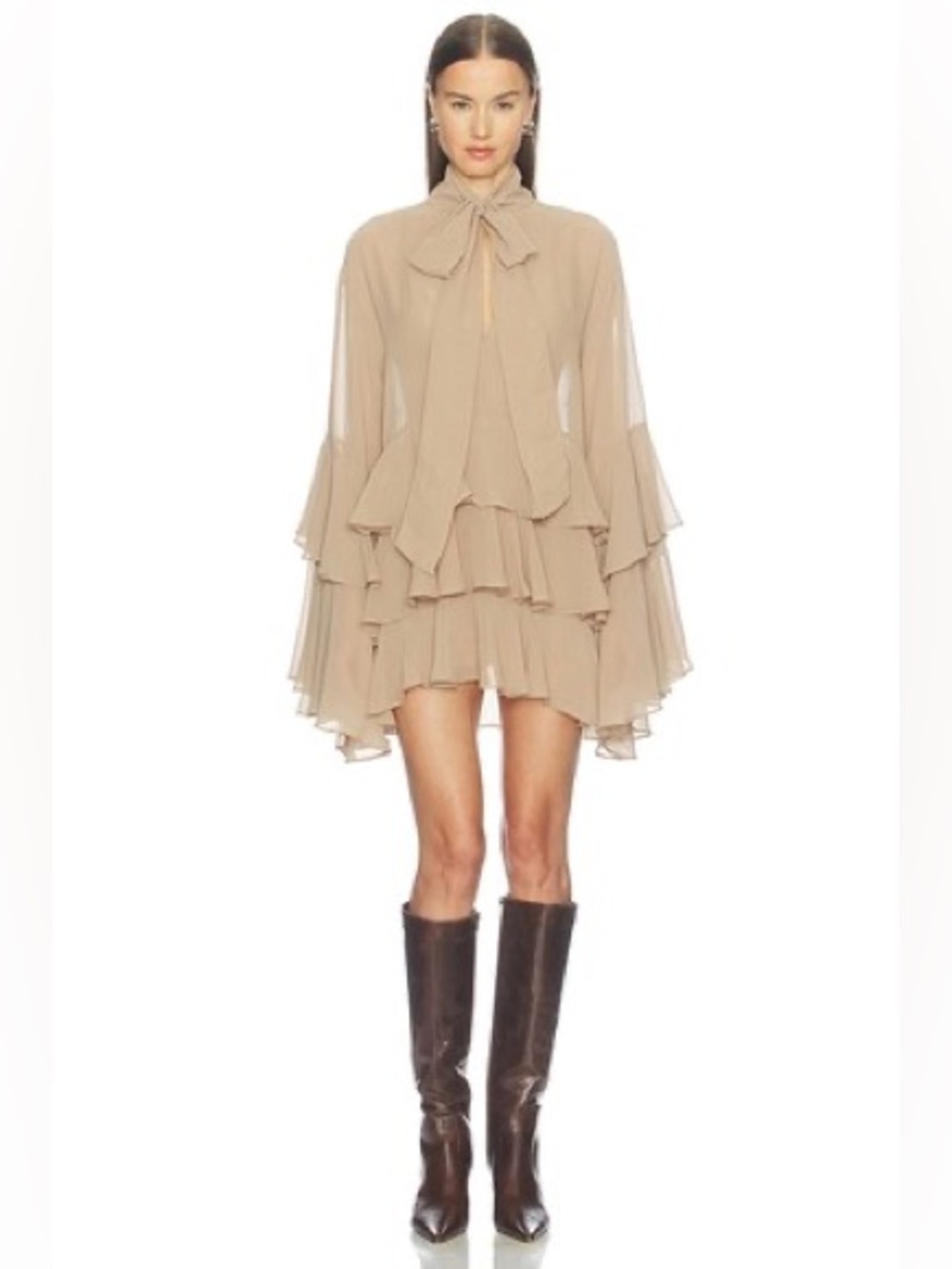 Camila Coelho Taupe Layered Tie-Neck Mini Dress